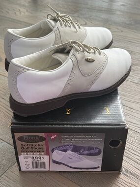 Etonic Stabilities🏌️‍♀️Women's White & Taupe Soft Spike Leather Golf Shoe-9 1/2